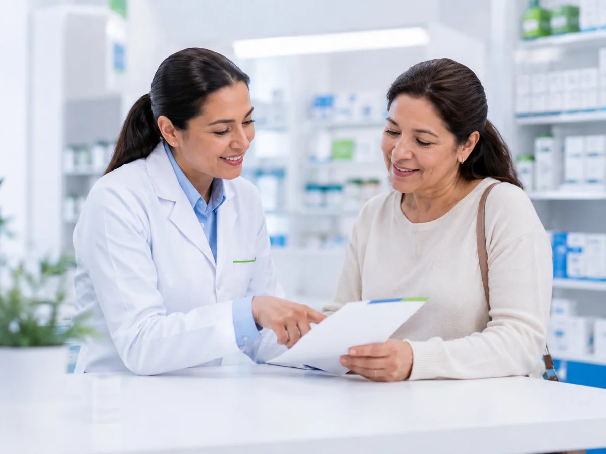 Farmacéutica orientando a una paciente en OncoCare