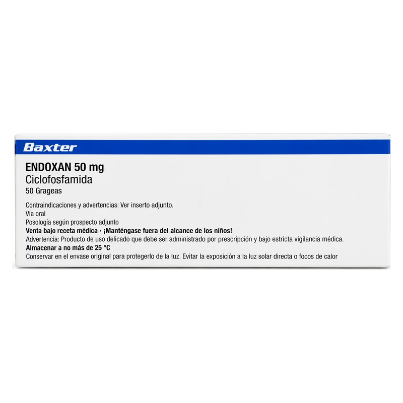 Caja de ENDOXAN 50 mg, ciclofosfamida en 50 grageas de administración oral, laboratorio Baxter