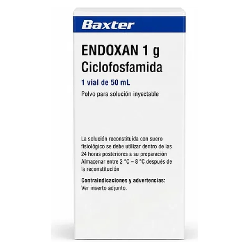 Caja de ENDOXAN 1 g, ciclofosfamida en polvo para solución inyectable, vial de 50 mL, laboratorio Baxter