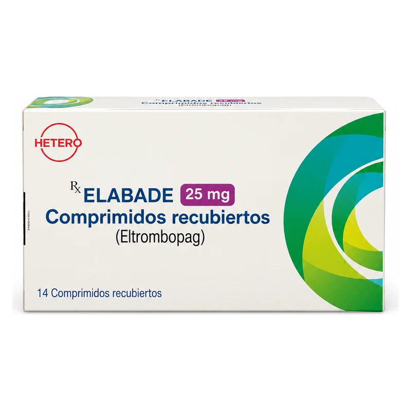Caja de ELABADE 25 mg, eltrombopag en 14 comprimidos recubiertos, laboratorio Hetero