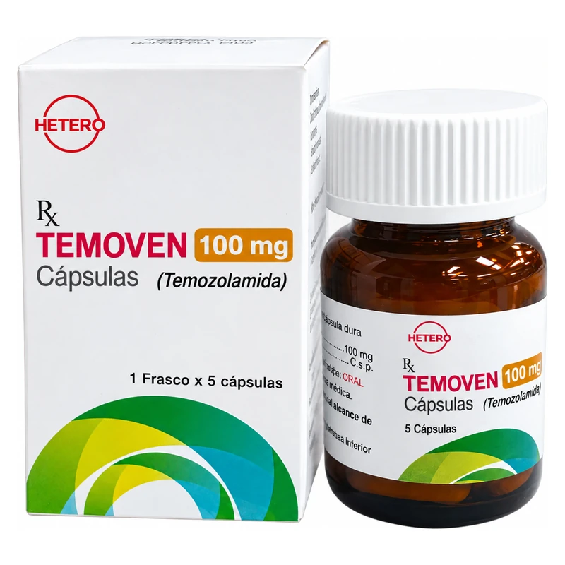Caja y frasco de TEMOVEN 100 mg, temozolomida en 5 cápsulas, laboratorio Hetero
